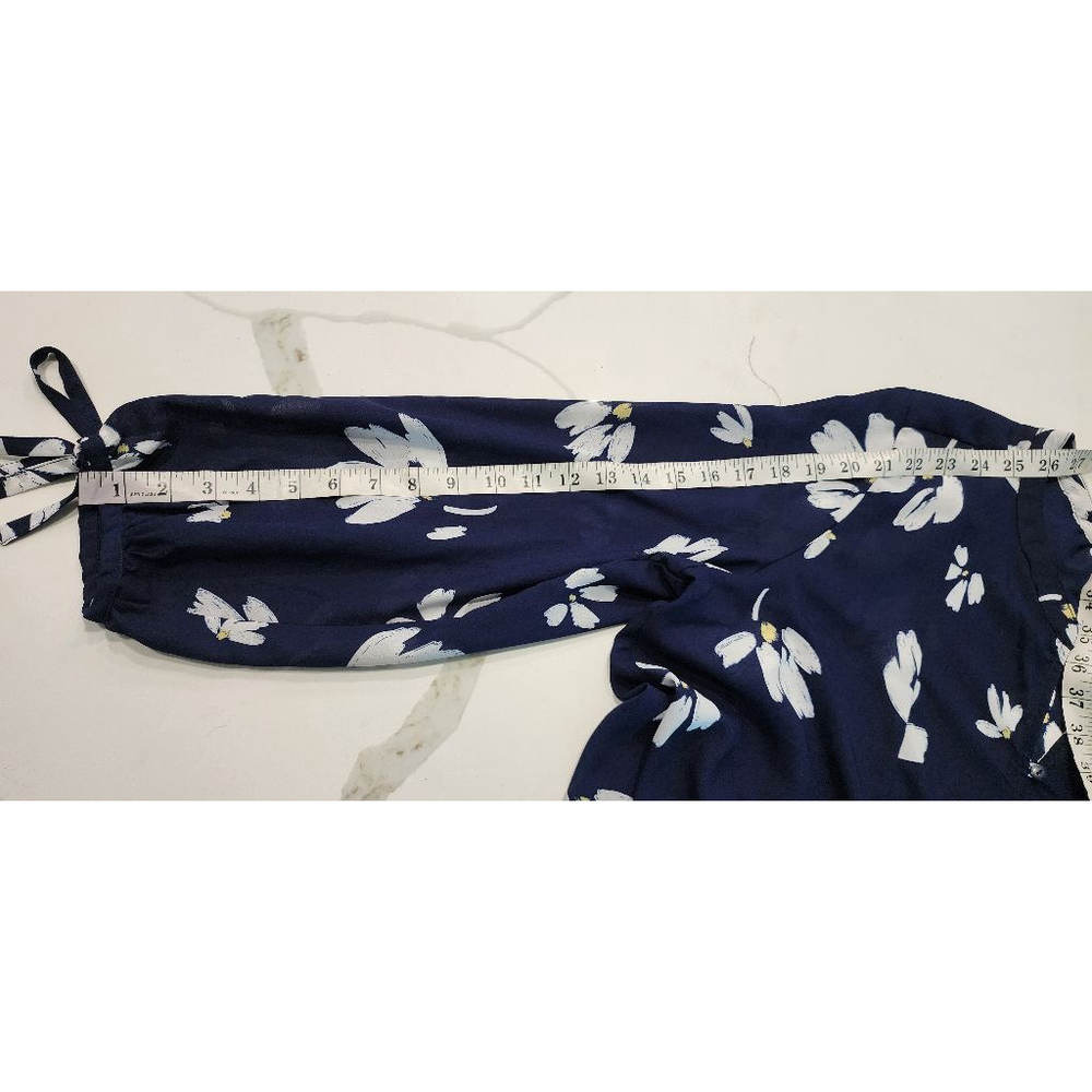Liz Claiborne XL Navy Blue Floral Blouse Long Sleeve Tie Cuffs Button Front Boho - Picture 12 of 13